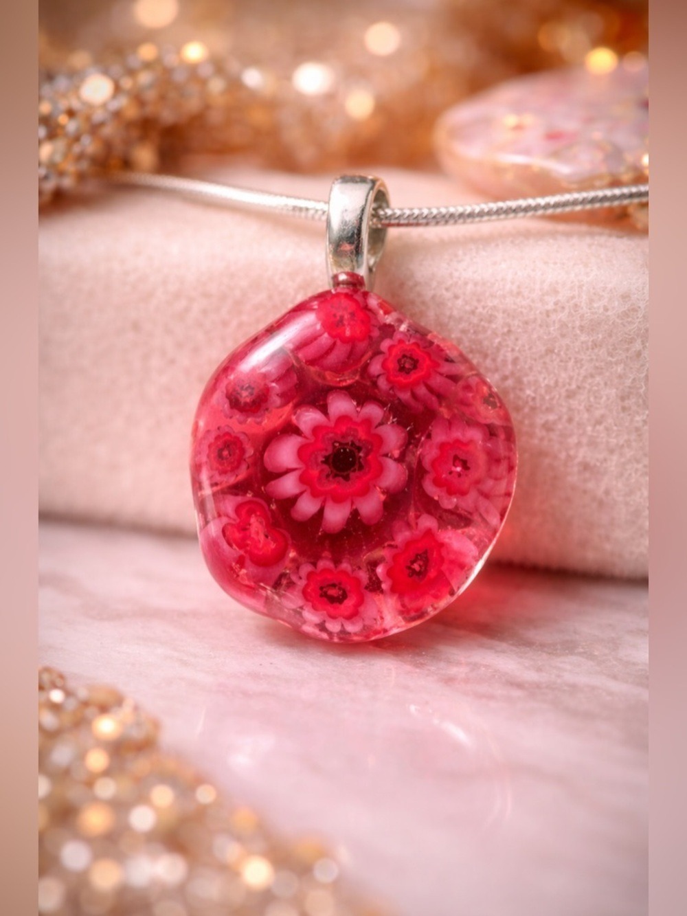 🌸Vintage Magenta Pink Millefiori Blown Glass Pendant Necklace • Floral Statement - Picture 3 of 17